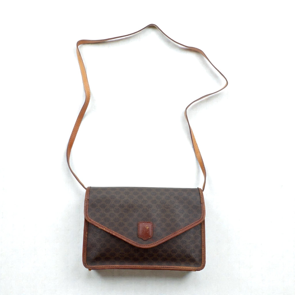 CELINE Shoulder Bag Brown Leather Macadam Pattern Old M90 Made in Italy