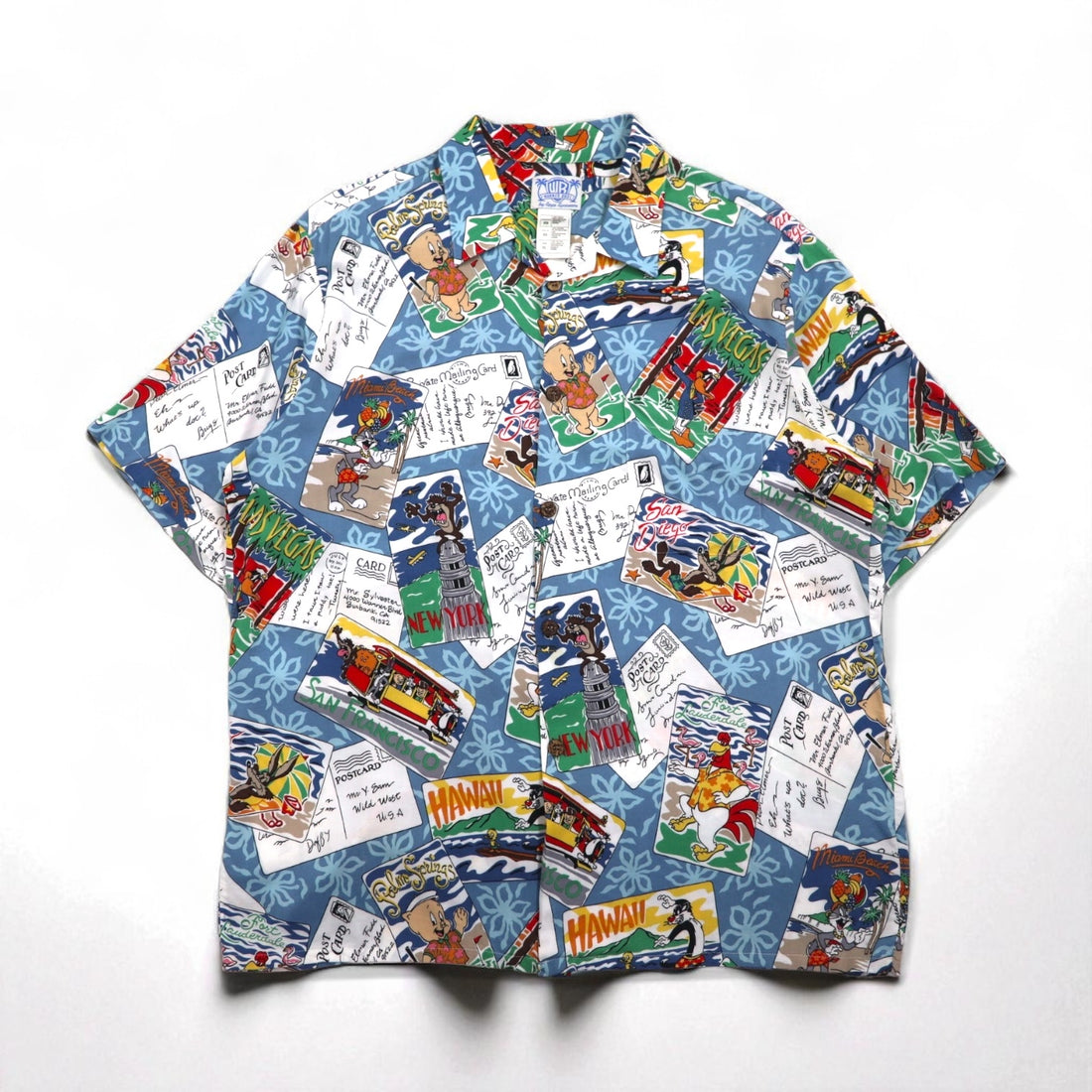 Reyn Spooner x Warner Bros. Looney Tunes Aloha Shirt, XL, Blue, Rayon, Open Collar, All-Over Print, Character Print