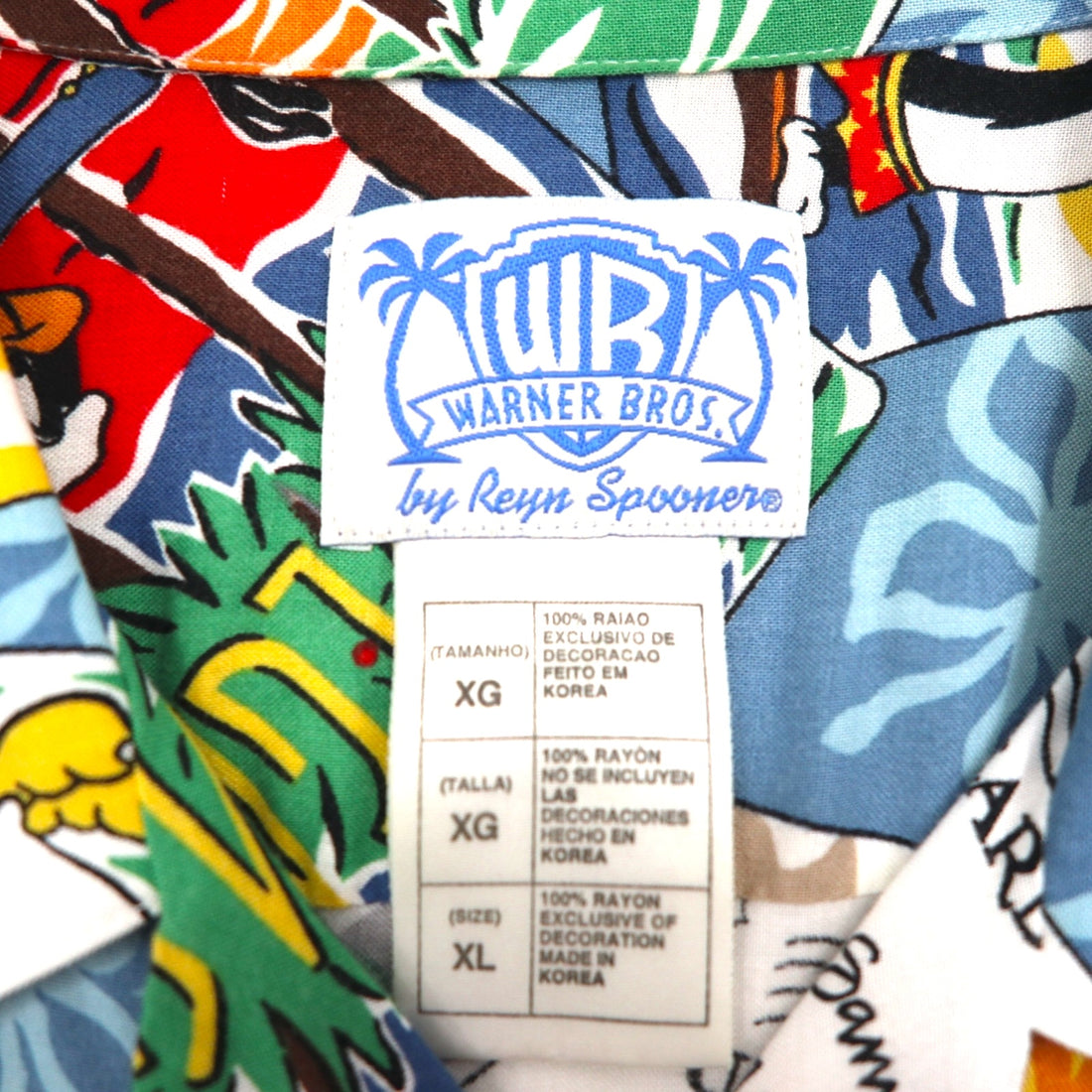 Reyn Spooner x Warner Bros. Looney Tunes Aloha Shirt, XL, Blue, Rayon, Open Collar, All-Over Print, Character Print