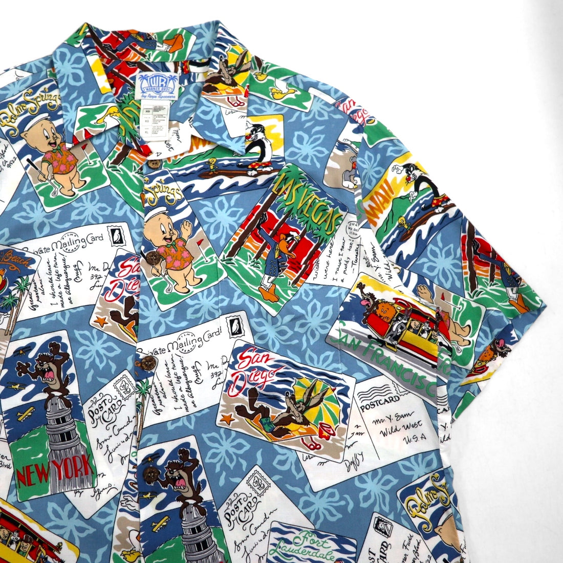 Reyn Spooner x Warner Bros. Looney Tunes Aloha Shirt, XL, Blue, Rayon, Open Collar, All-Over Print, Character Print