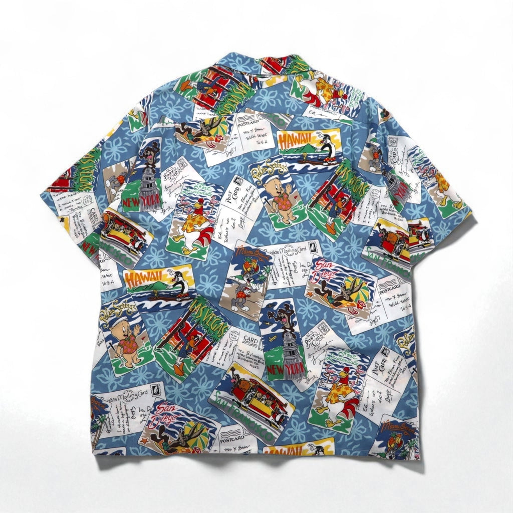 Reyn Spooner x Warner Bros. Looney Tunes Aloha Shirt, XL, Blue, Rayon, Open Collar, All-Over Print, Character Print