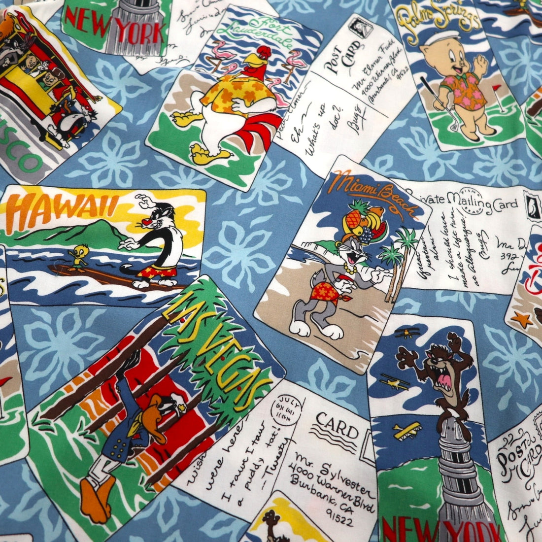 Reyn Spooner x Warner Bros. Looney Tunes Aloha Shirt, XL, Blue, Rayon, Open Collar, All-Over Print, Character Print