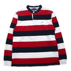 TOMMY HILFIGER Band Collar Rugby Shirt M Tricolor Border Henley Neck