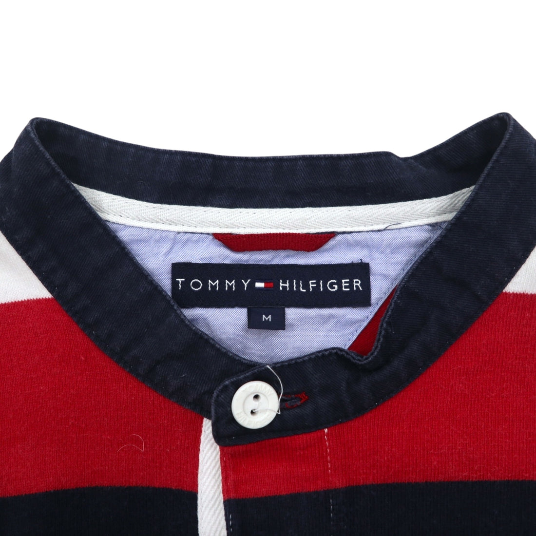 TOMMY HILFIGER Band Collar Rugby Shirt M Tricolor Border Henley Neck