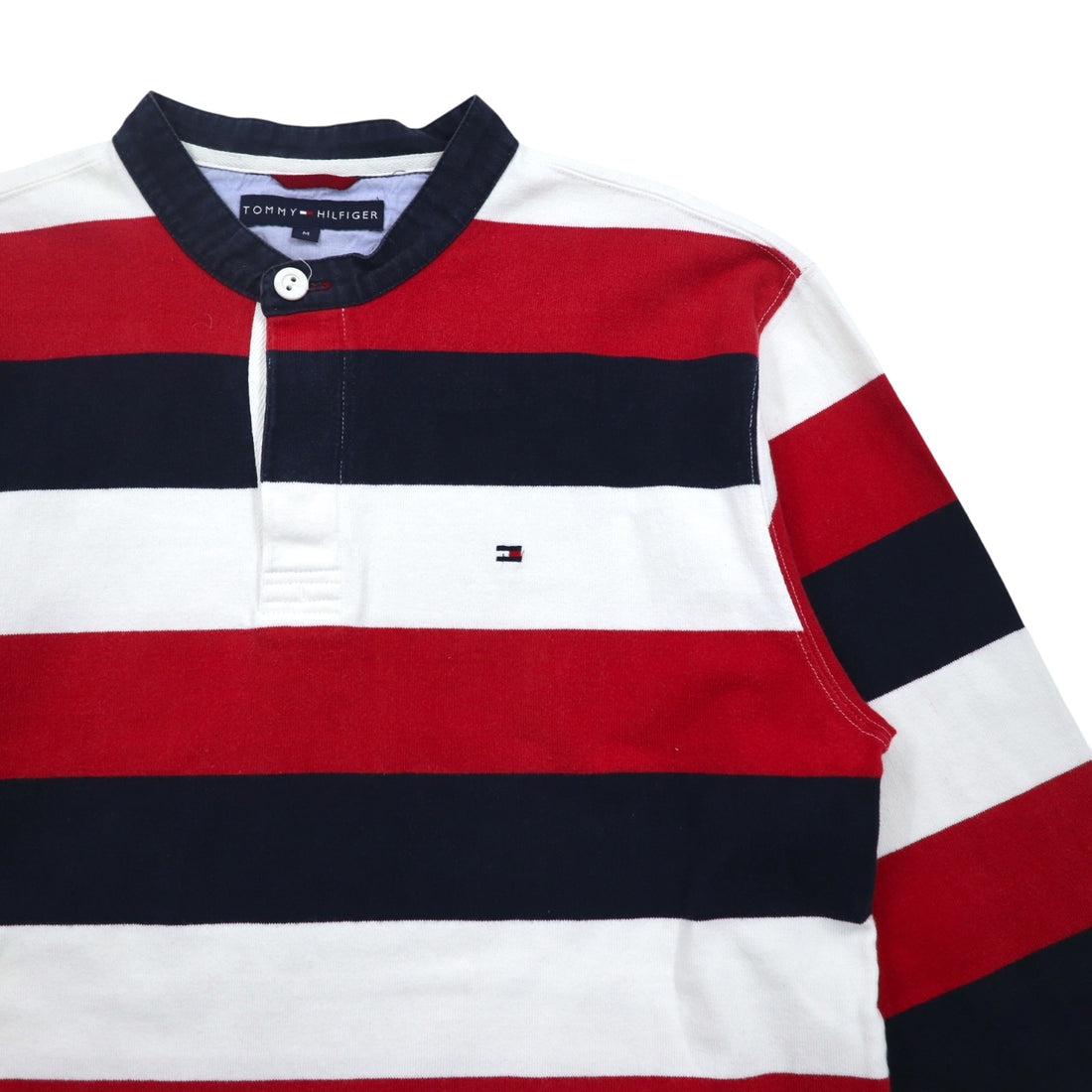 TOMMY HILFIGER Band Collar Rugby Shirt M Tricolor Border Henley Neck