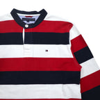 TOMMY HILFIGER Band Collar Rugby Shirt M Tricolor Border Henley Neck
