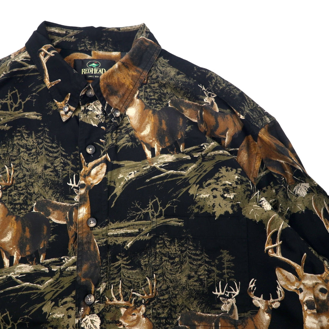 RED HEAD Button-down Shirt L Black Cotton All-over Animal Deer
