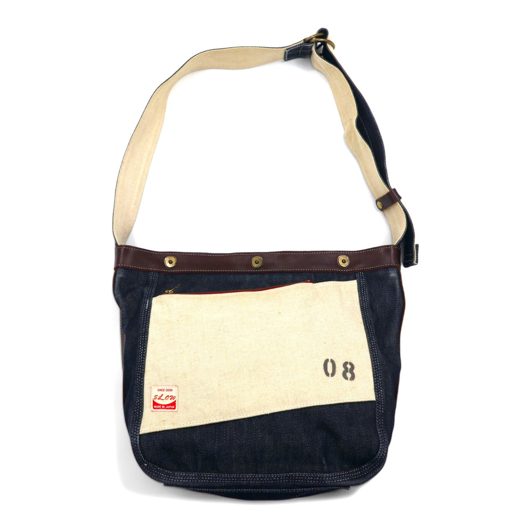 日本然リトテ-古着オンライン-SLOW デニム ショルダーバッグ ブルー レザー切替 キャンバス-SLOW Denim Shoulder Bag Blue Leather Canvas