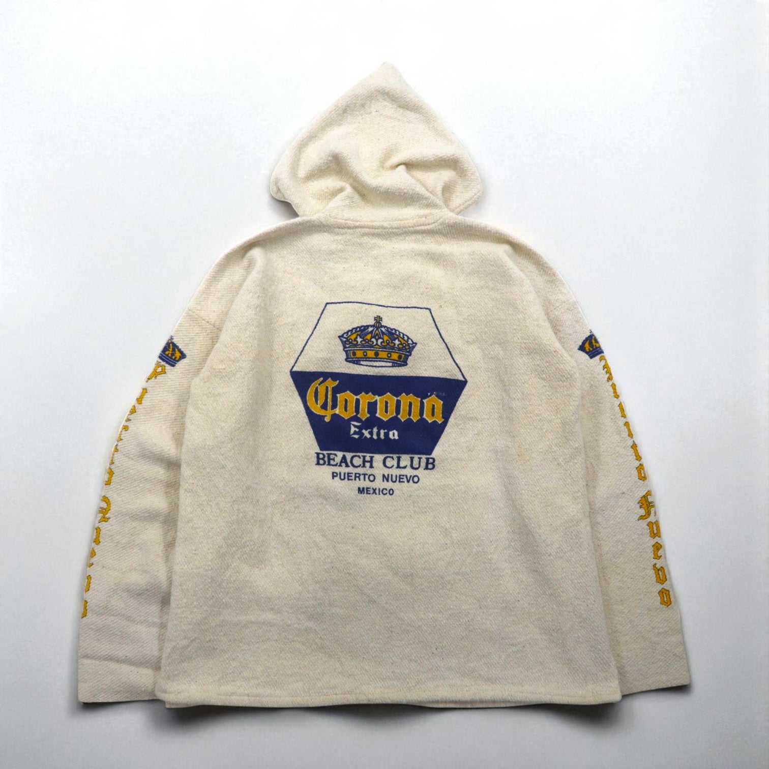 Vintage Mexican Baja Hoodie Corona, Large, White, Sleeves, Back Print, Puerto Ruebo
