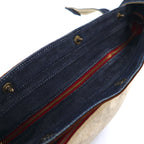 SLOW denim shoulder bag in blue with leather inserts and canvas