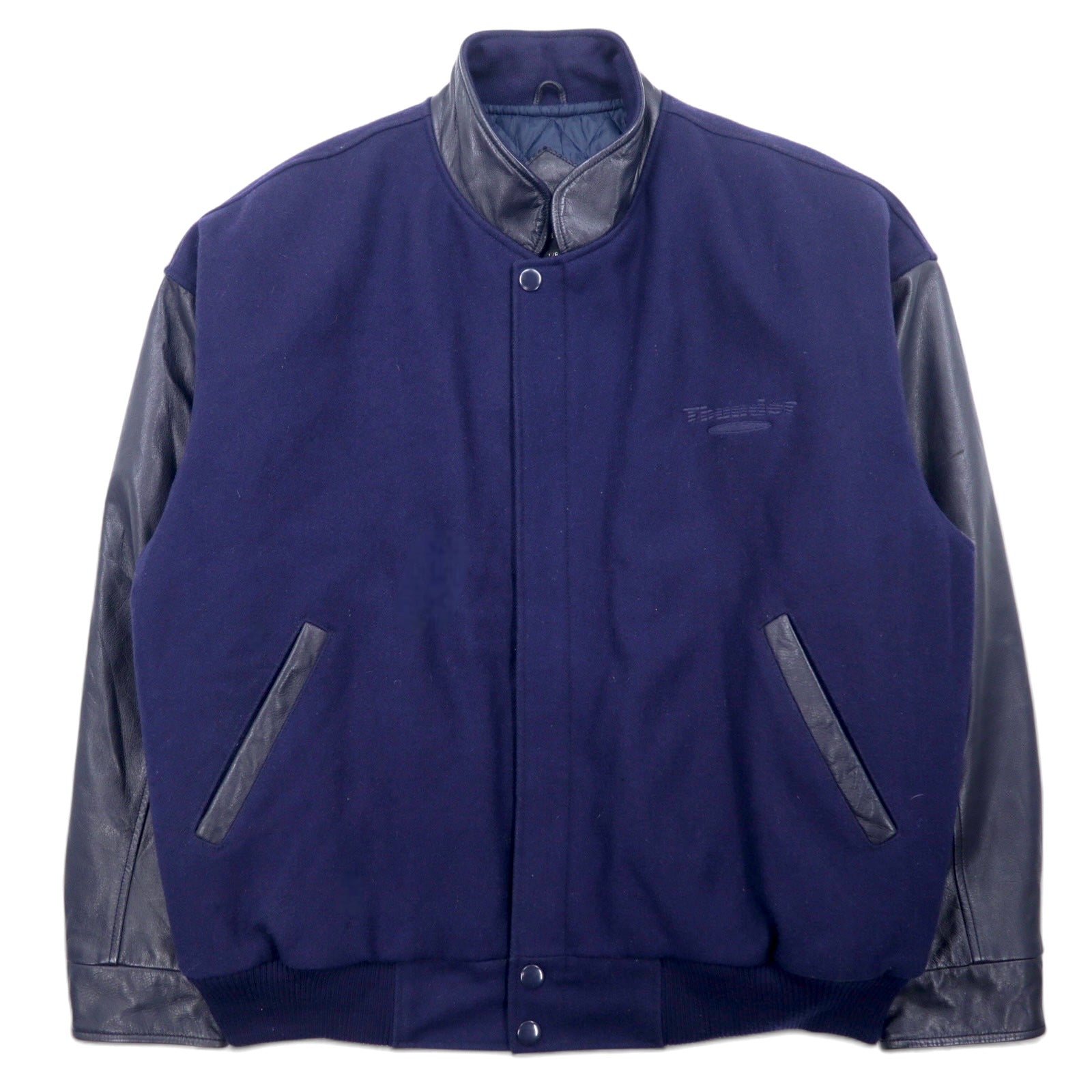 日本然リトテ-古着オンライン-TRIMARK レザー切替 メルトン スタジャン L ネイビー ブラック レザー キルティングライナー Thunder-TRIMARK Leather Switch Melton Varsity Jacket L Navy Black Leather Quilted Liner Thunder
