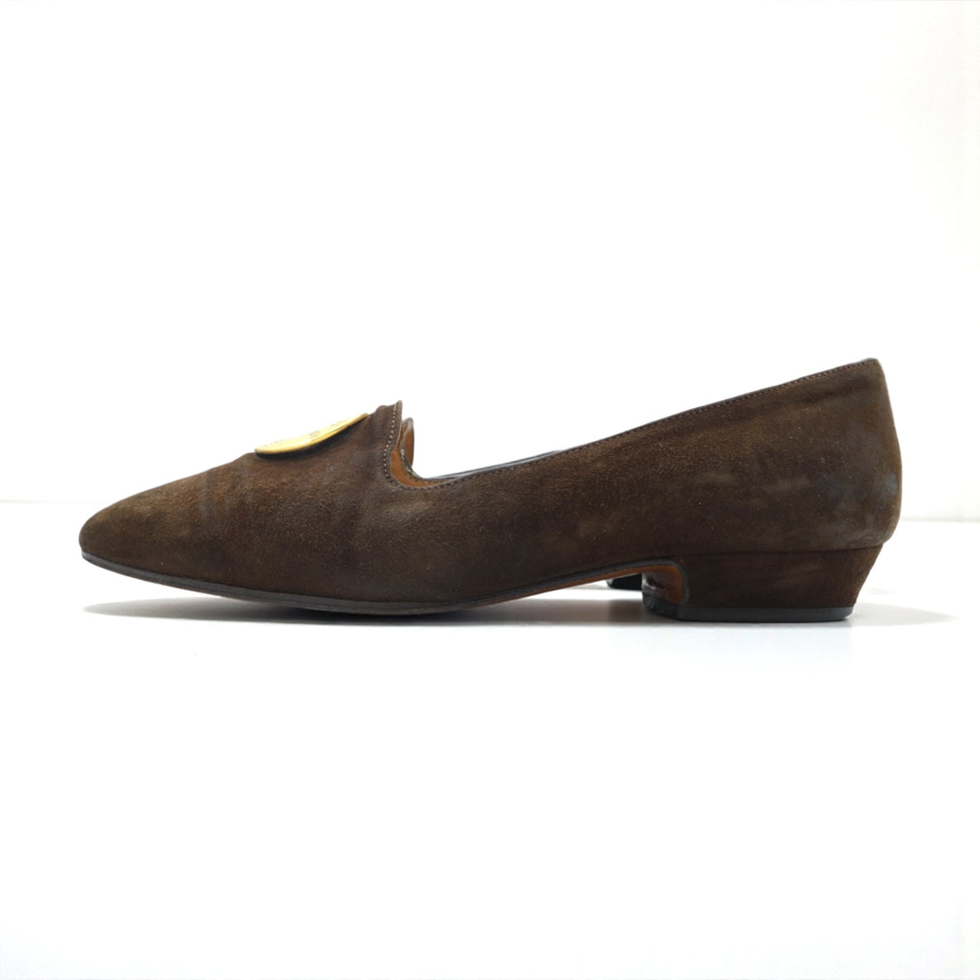CELINE Suede Leather Flat Pumps Slip-ons 22.5cm Logo Hardware Old Made in Italy