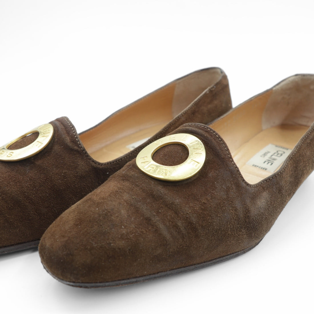 CELINE Suede Leather Flat Pumps Slip-ons 22.5cm Logo Hardware Old Made in Italy