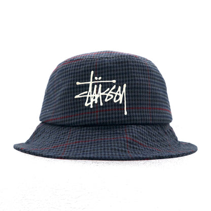 stussy バケットハット L/XL グレー 千鳥格子 チェック ストックロゴ 刺繍 Big Logo Check Bucket Hat