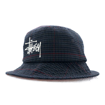 stussy バケットハット L/XL グレー 千鳥格子 チェック ストックロゴ 刺繍 Big Logo Check Bucket Hat