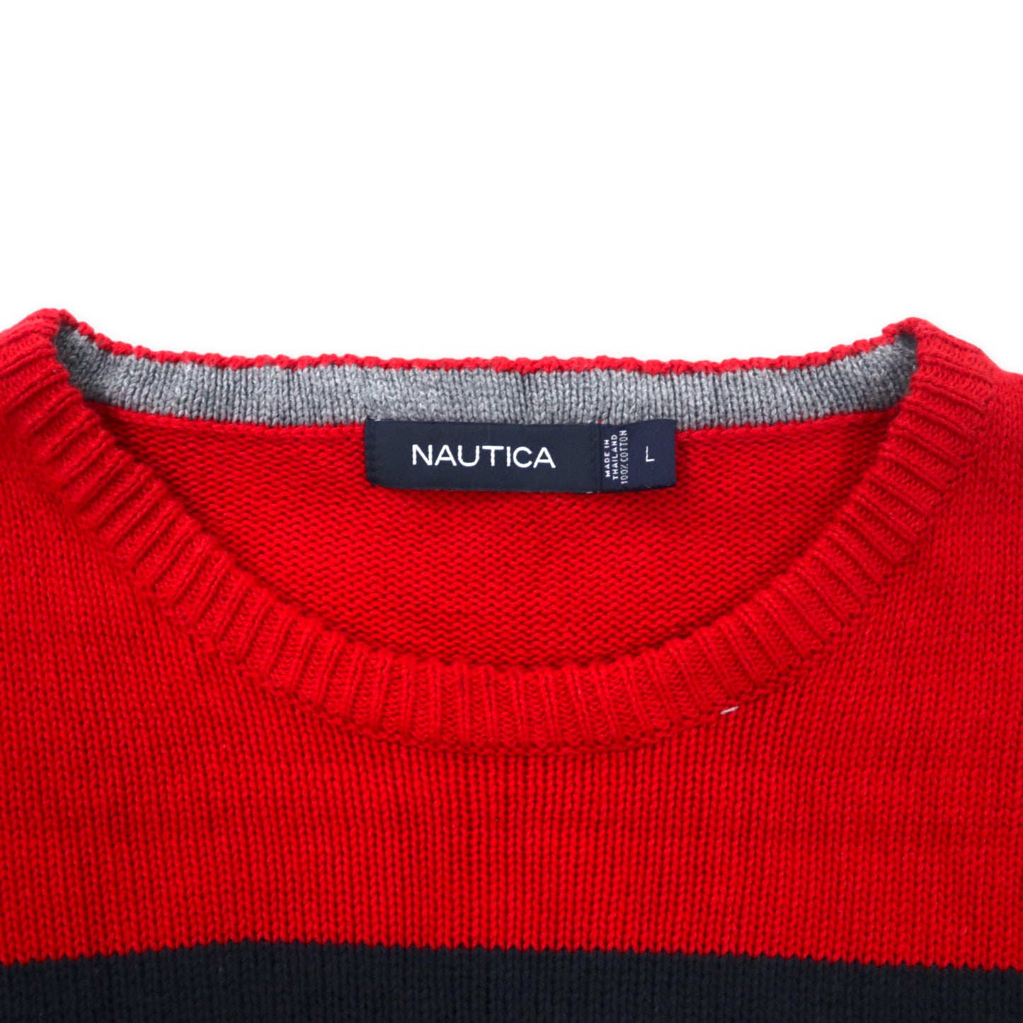 NAUTICA コットン ニット セーター L レッド ボーダー ローゲージ ワンポイントロゴ ビッグサイズ