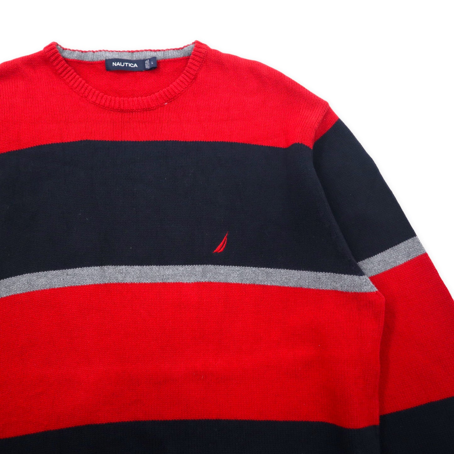NAUTICA cotton knit sweater L Red Striped Low Gauge One Point Logo
