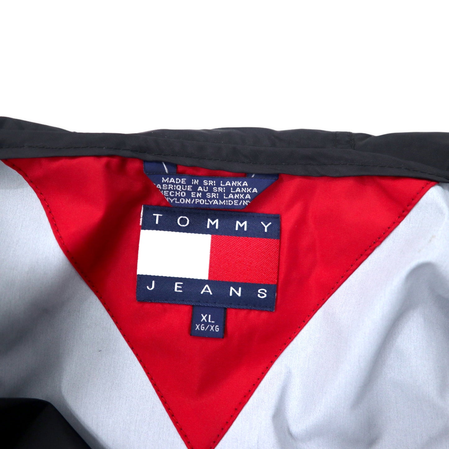 TOMMY JEANS 90年代 ナイロンジャケット フーディー XL ブラック バックロゴプリント フィッシュテイル ビッグサイズ