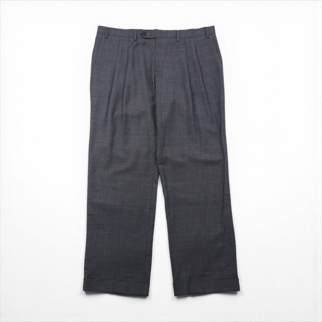 Ralph Lauren 90s Two-Puck Wide Leg Slacks, Size L, Gray Check, Washable Pleats