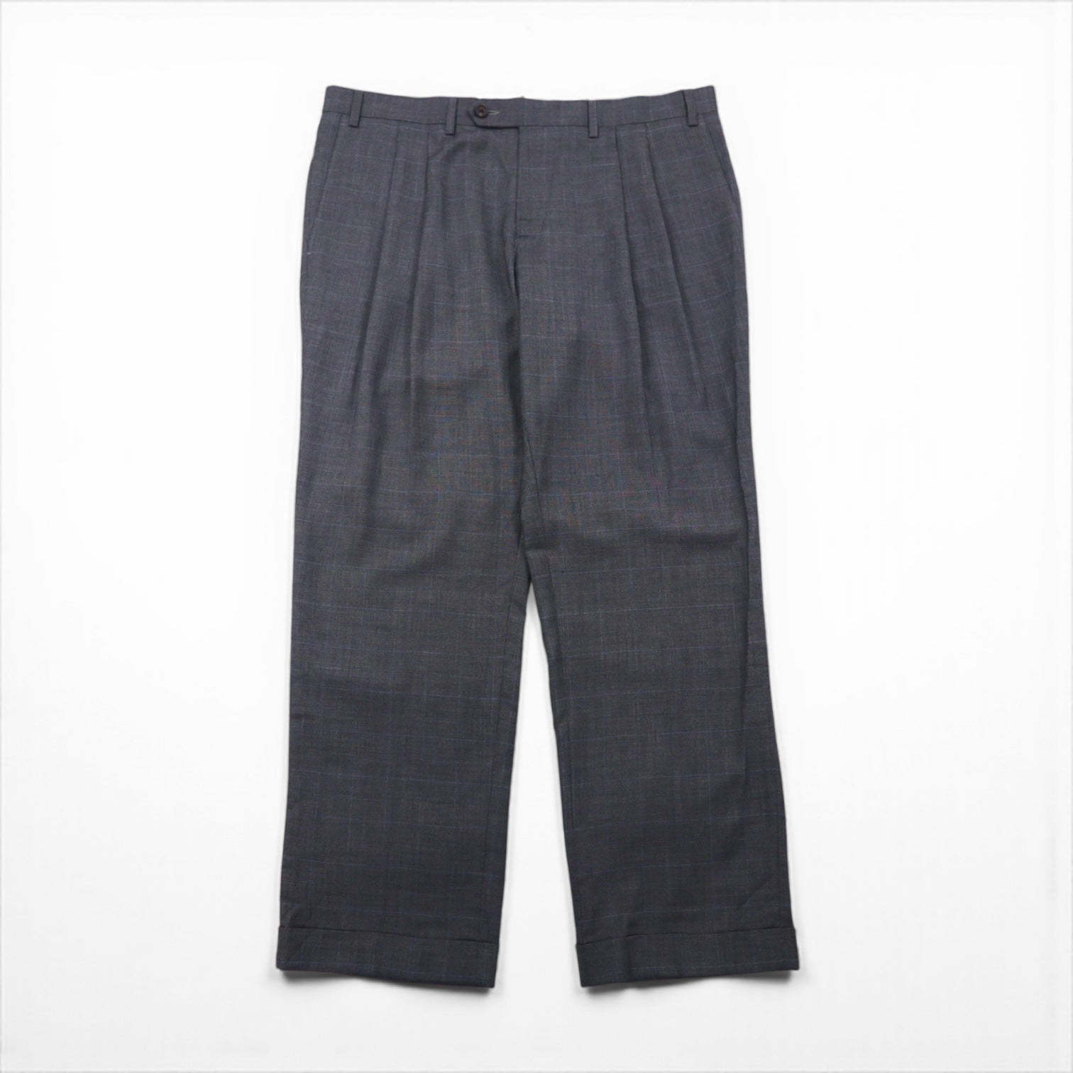 Ralph Lauren 90s Two-Puck Wide Leg Slacks, Size L, Gray Check, Washable Pleats