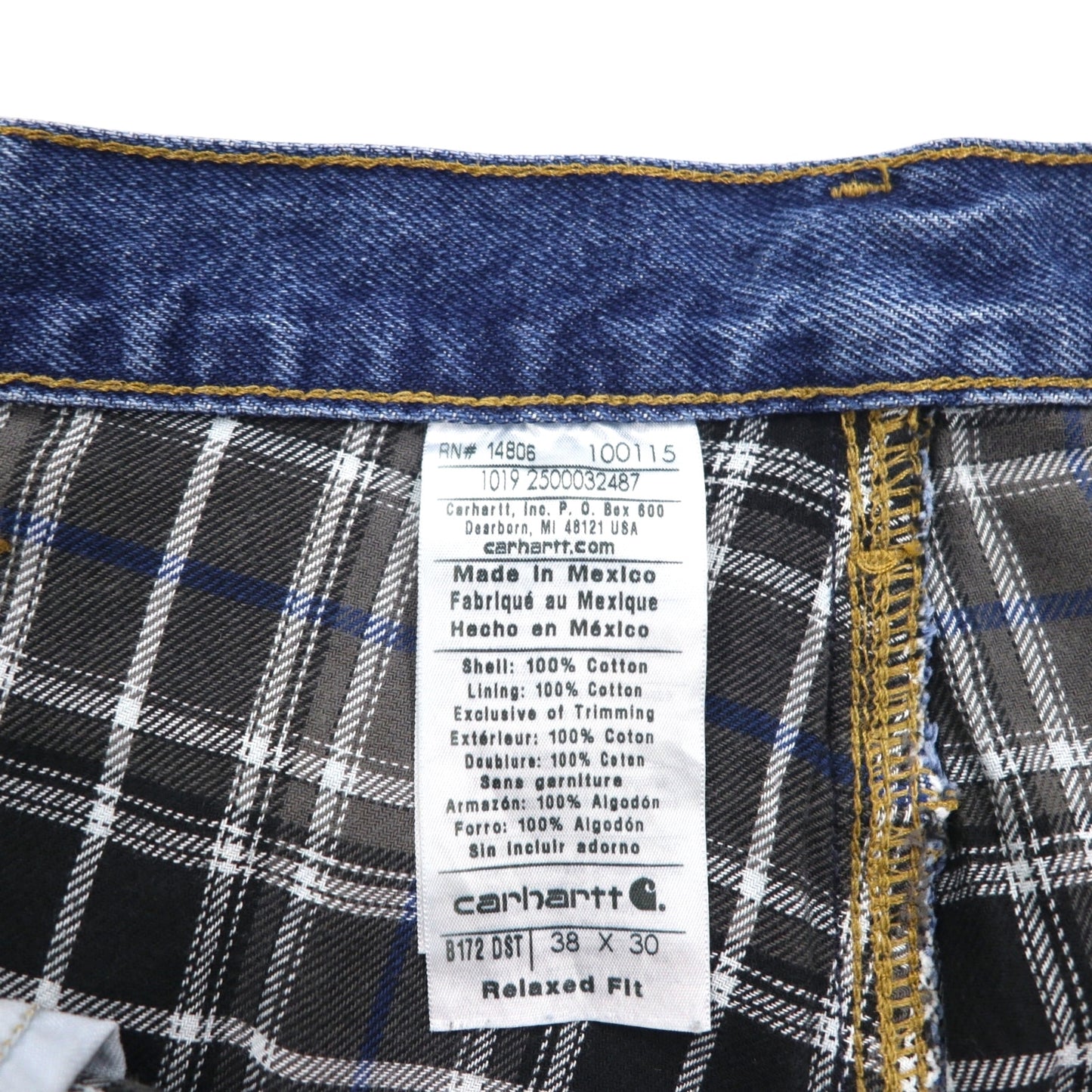 Carhartt Relaxed Fit Denim Pants with Flannel Lining, Size XL, Indigo and Blue Check Lining, B172 DST, Made in Mexico