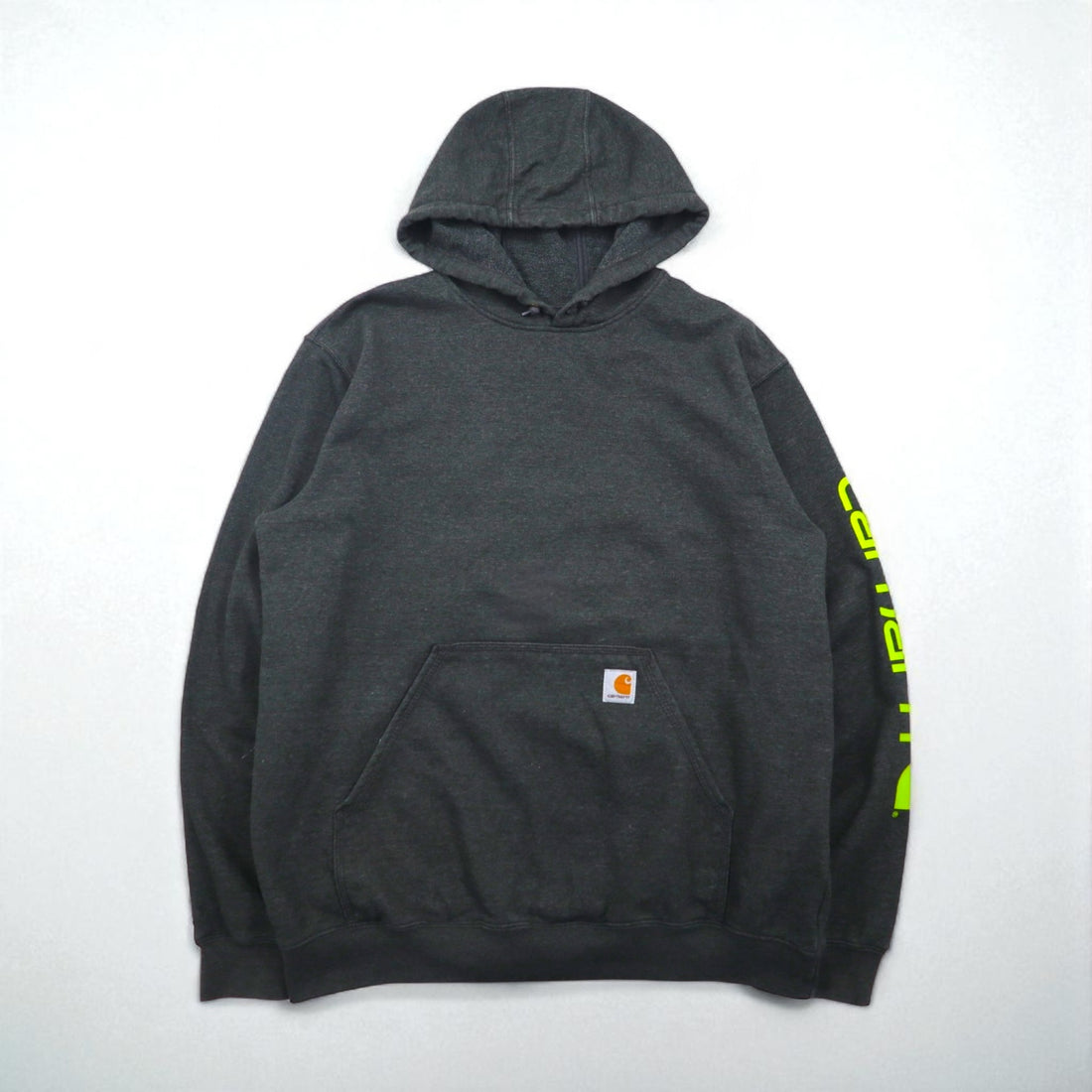 Carhartt pullover hoodie, size L, gray, original fit, sleeve print, front pocket.