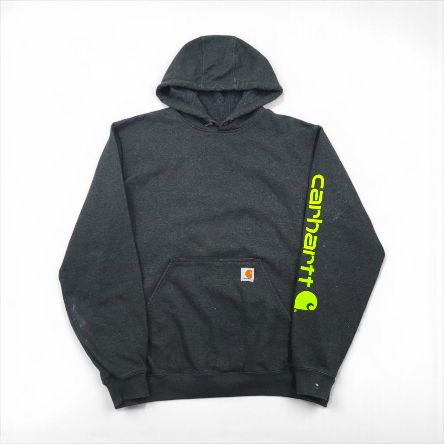 Carhartt pullover hoodie, size L, gray, original fit, sleeve print, front pocket.