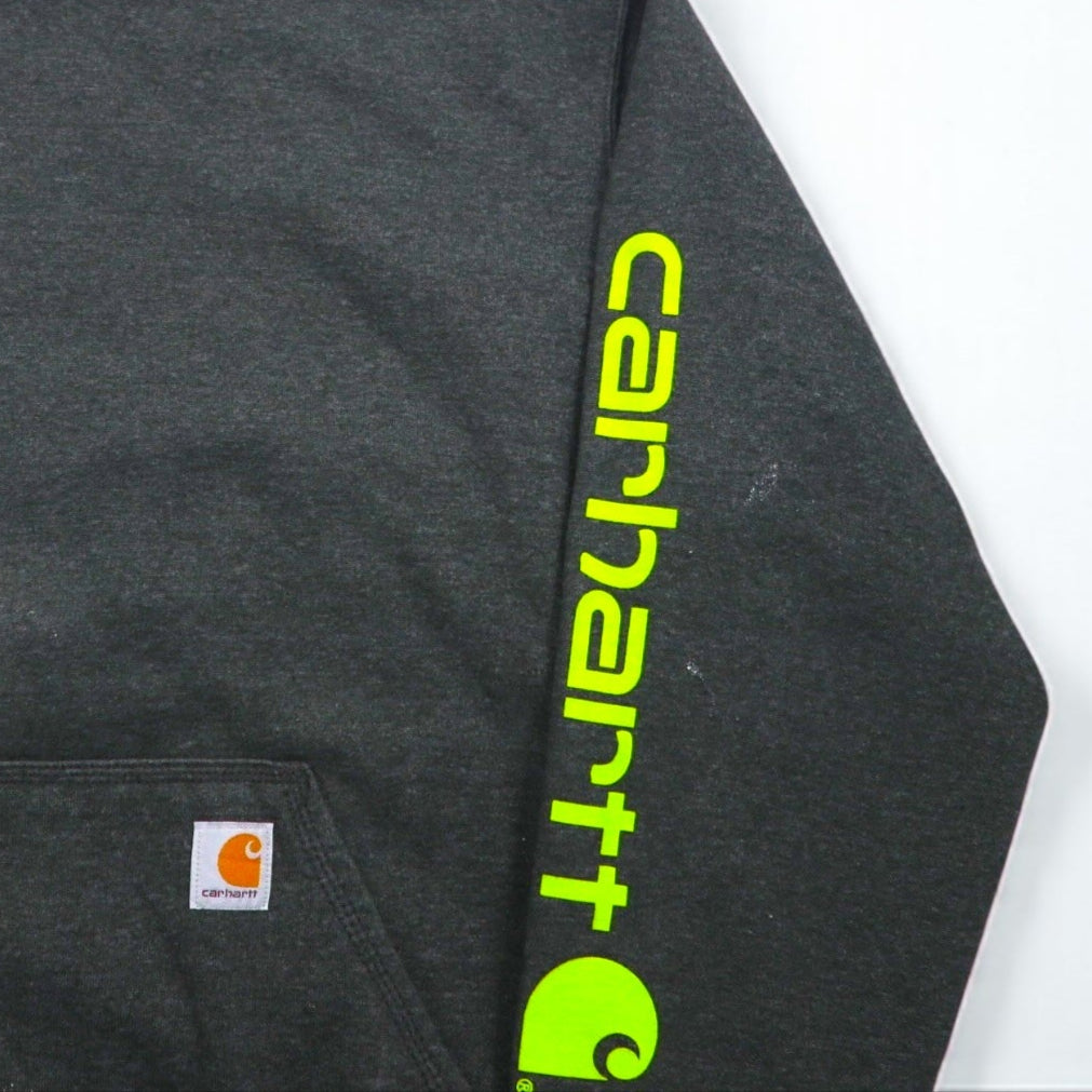 Carhartt pullover hoodie, size L, gray, original fit, sleeve print, front pocket.