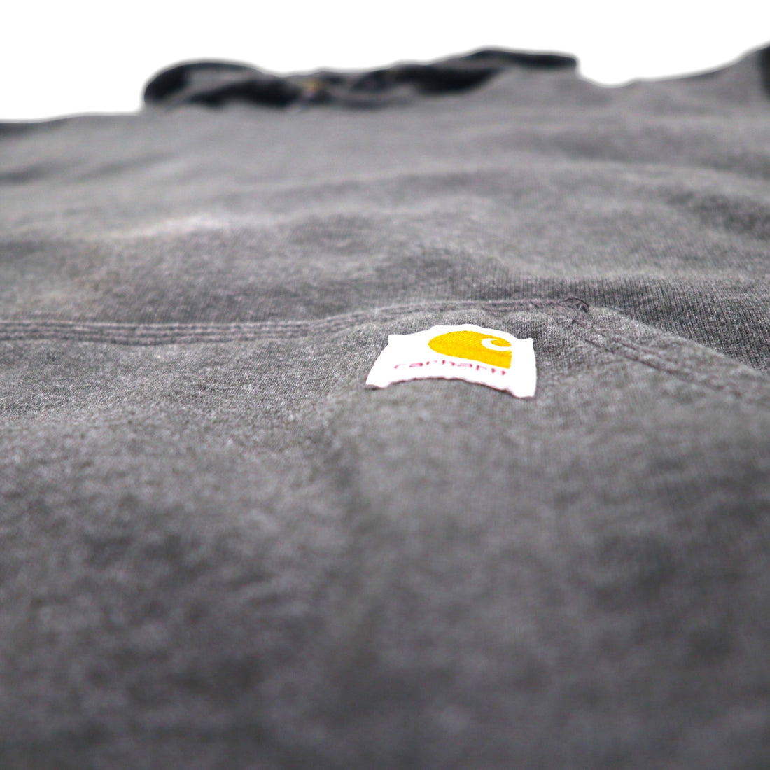 Carhartt pullover hoodie, size L, gray, original fit, sleeve print, front pocket.