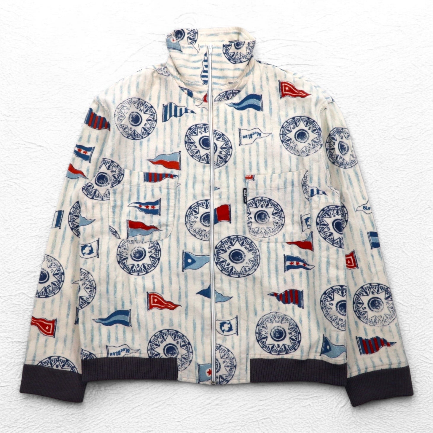 BLUE BLUE Stand-up collar zip-up jacket M White All-over pattern Flag Marine design Made in Japan