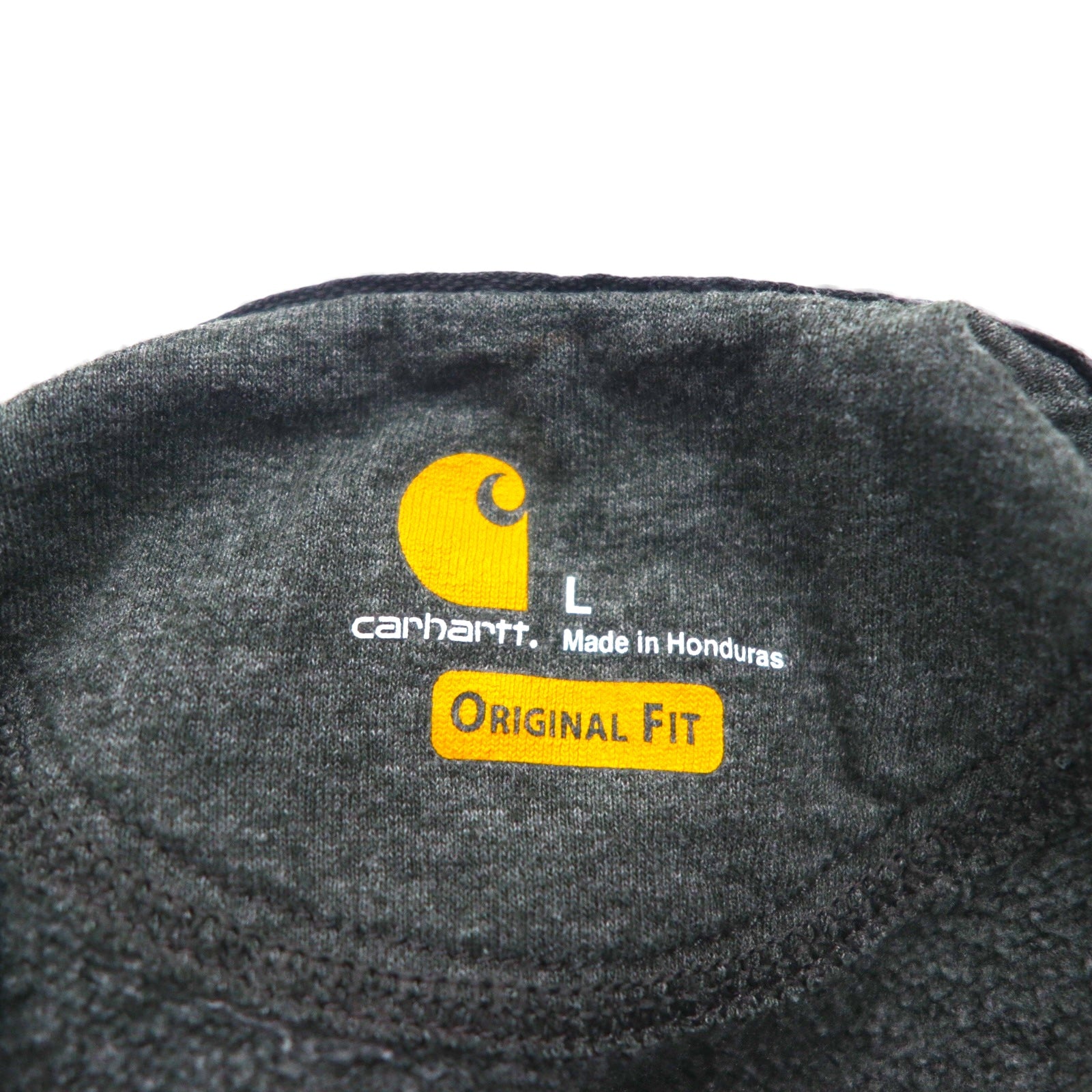 Carhartt pullover hoodie, size L, gray, original fit, sleeve print, front pocket.