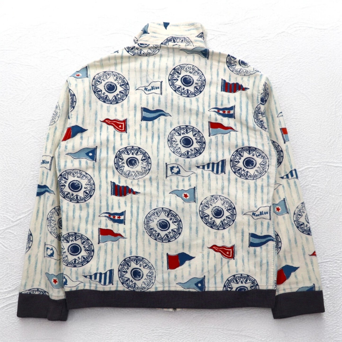 BLUE BLUE スタンドカラー ジップアップジャケット M ホワイト 総柄 フラッグ マリンデザイン 日本製