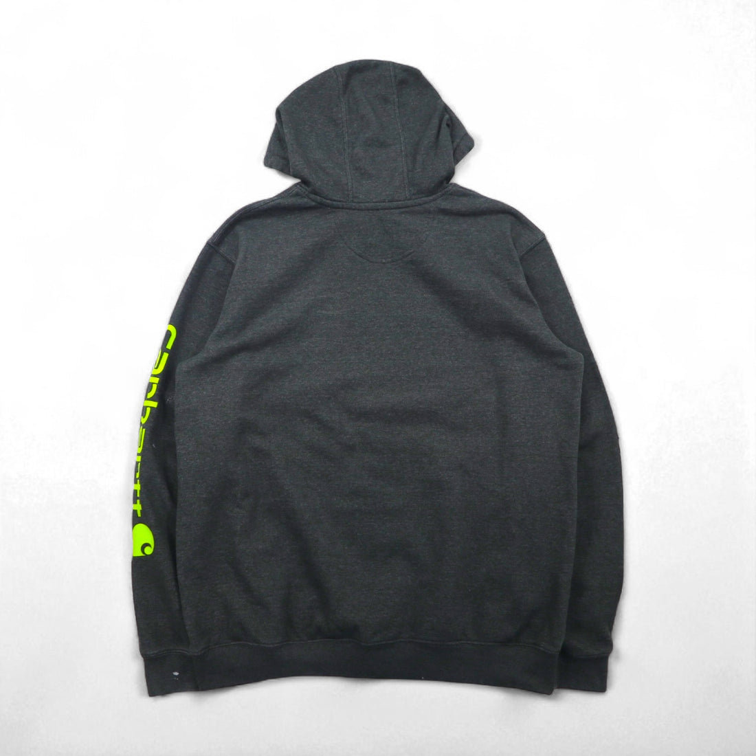 Carhartt pullover hoodie, size L, gray, original fit, sleeve print, front pocket.