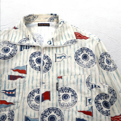 BLUE BLUE スタンドカラー ジップアップジャケット M ホワイト 総柄 フラッグ マリンデザイン 日本製