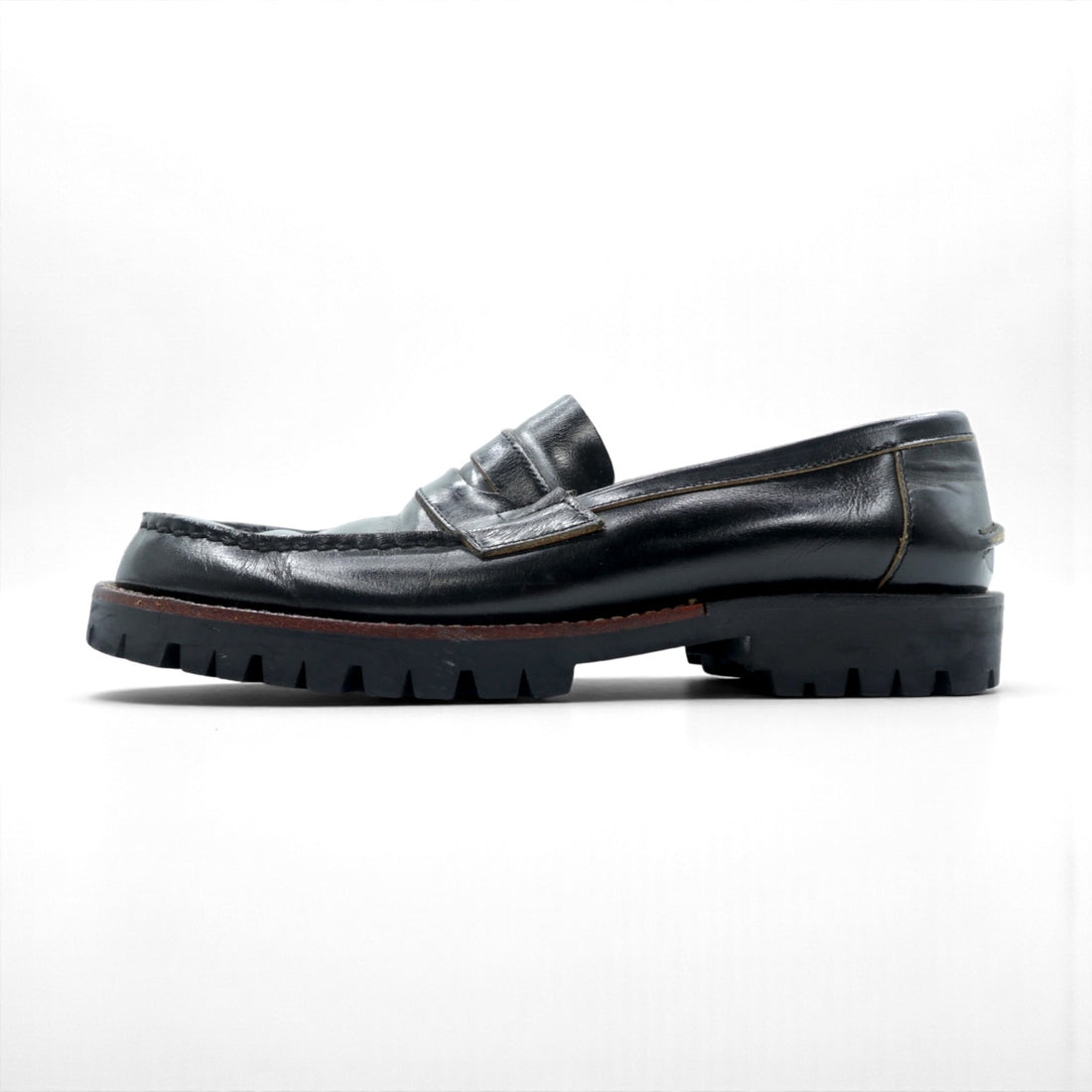 COMME des GARCONS U-Tip Moccasin Penny Loafers 23cm Black Leather Lug Sole Made in Japan