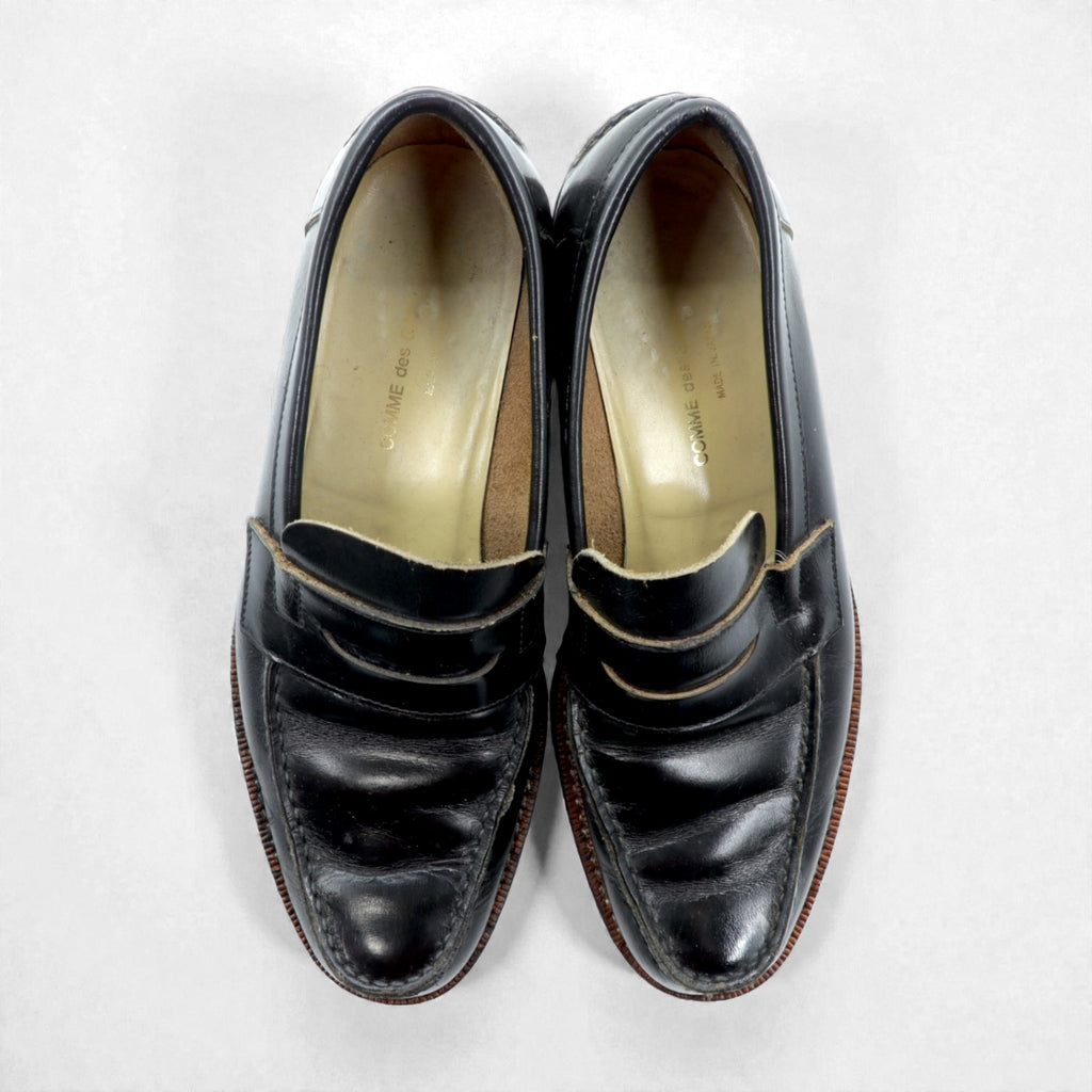 COMME des GARCONS U-Tip Moccasin Penny Loafers 23cm Black Leather Lug Sole Made in Japan