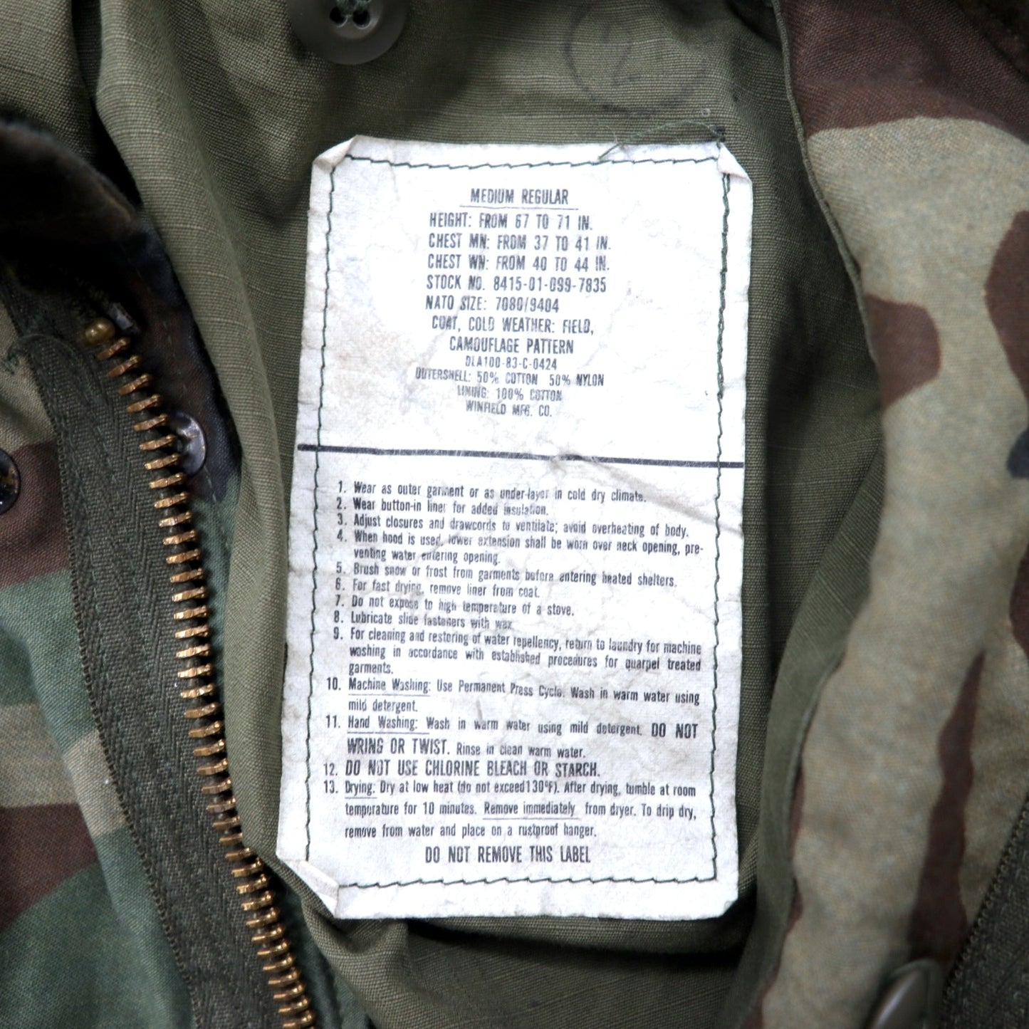 US ARMY 80年代 M-65 フィールドジャケット M カーキ カモフラ コットン フード収納式 ミリタリー 8415-01-099-7835 WINFIELD MFG.