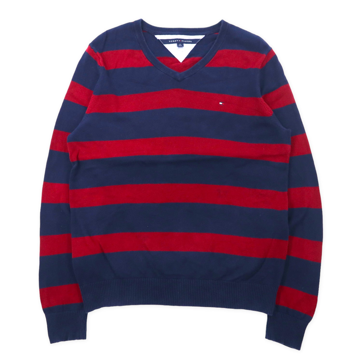 TOMMY HILFIGER V neck knit sweater M navy red striped cotton