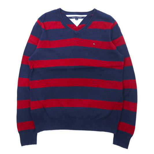 TOMMY HILFIGER Vネックニット セーター M ネイビー レッド ボーダー コットン