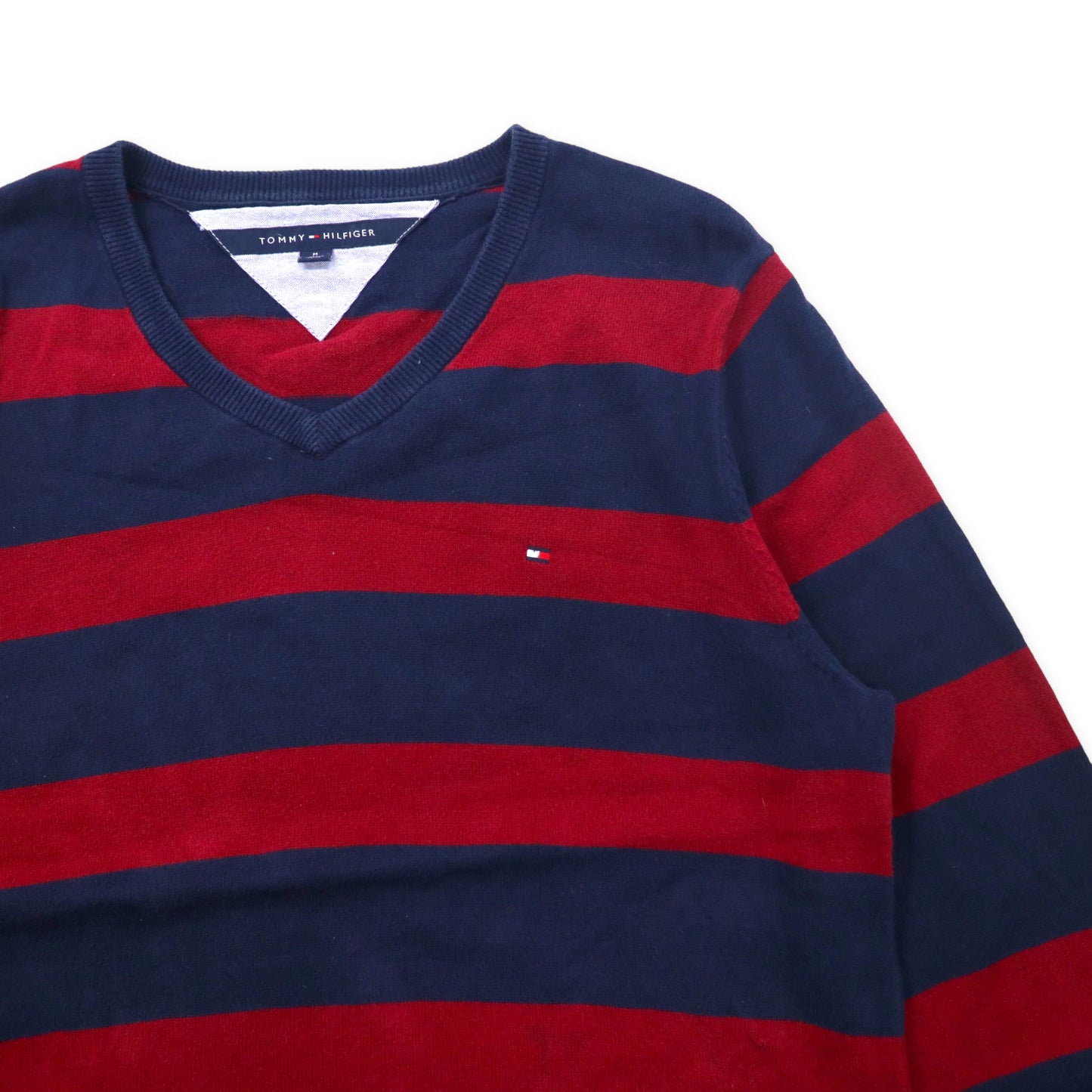 TOMMY HILFIGER V neck knit sweater M navy red striped cotton