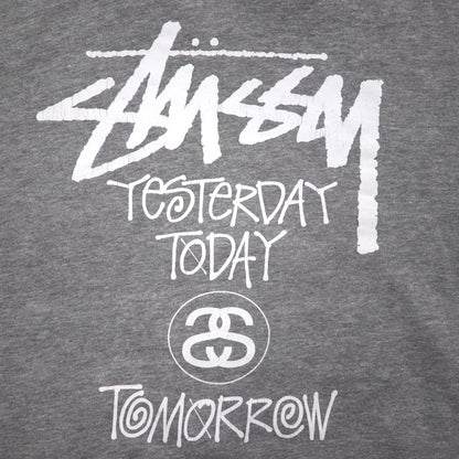 STUSSY 00年代 USA製 フルジップパーカー L グレー YESTERDAY TODAY TOMORROW バックロゴプリント