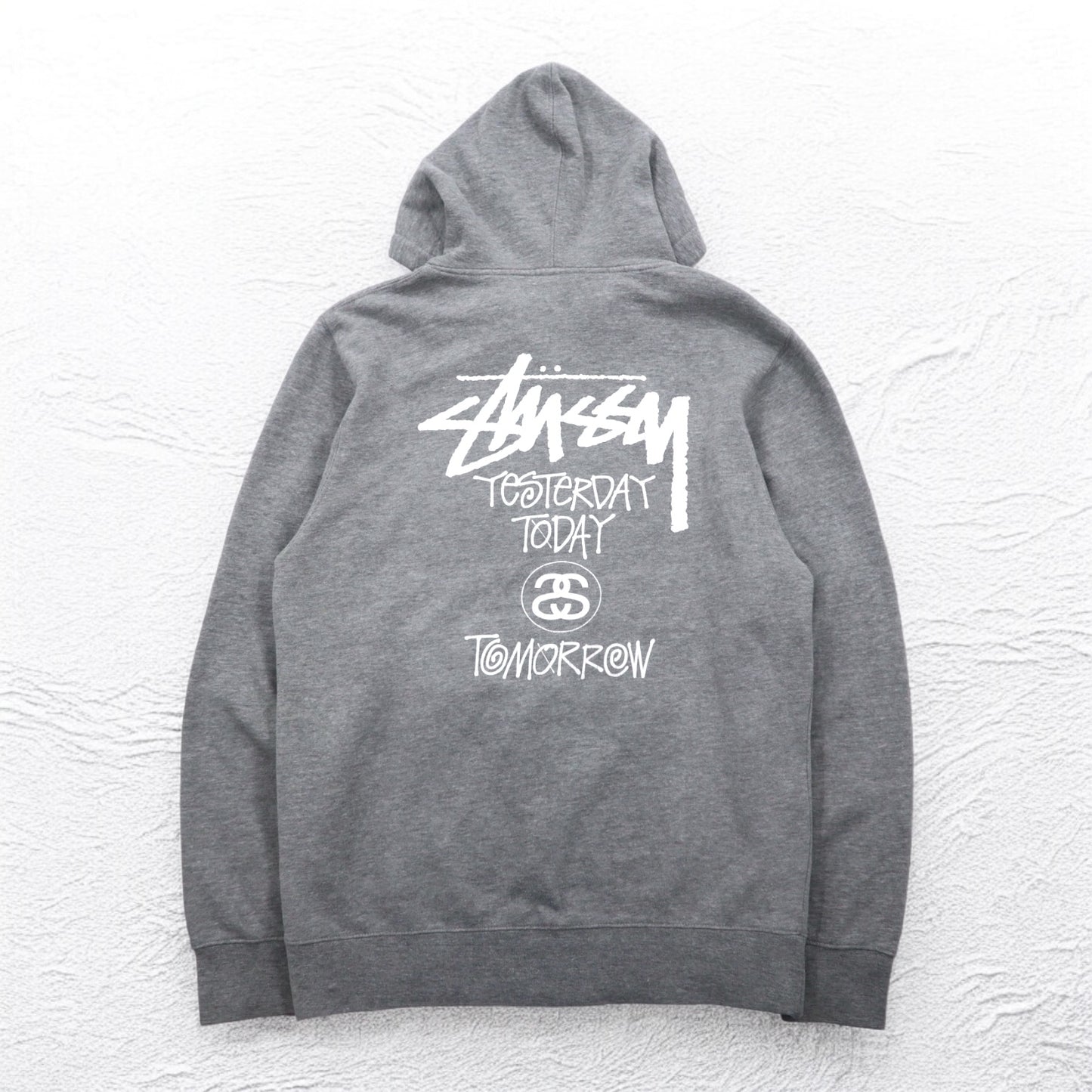 STUSSY 00年代 USA製 フルジップパーカー L グレー YESTERDAY TODAY TOMORROW バックロゴプリント
