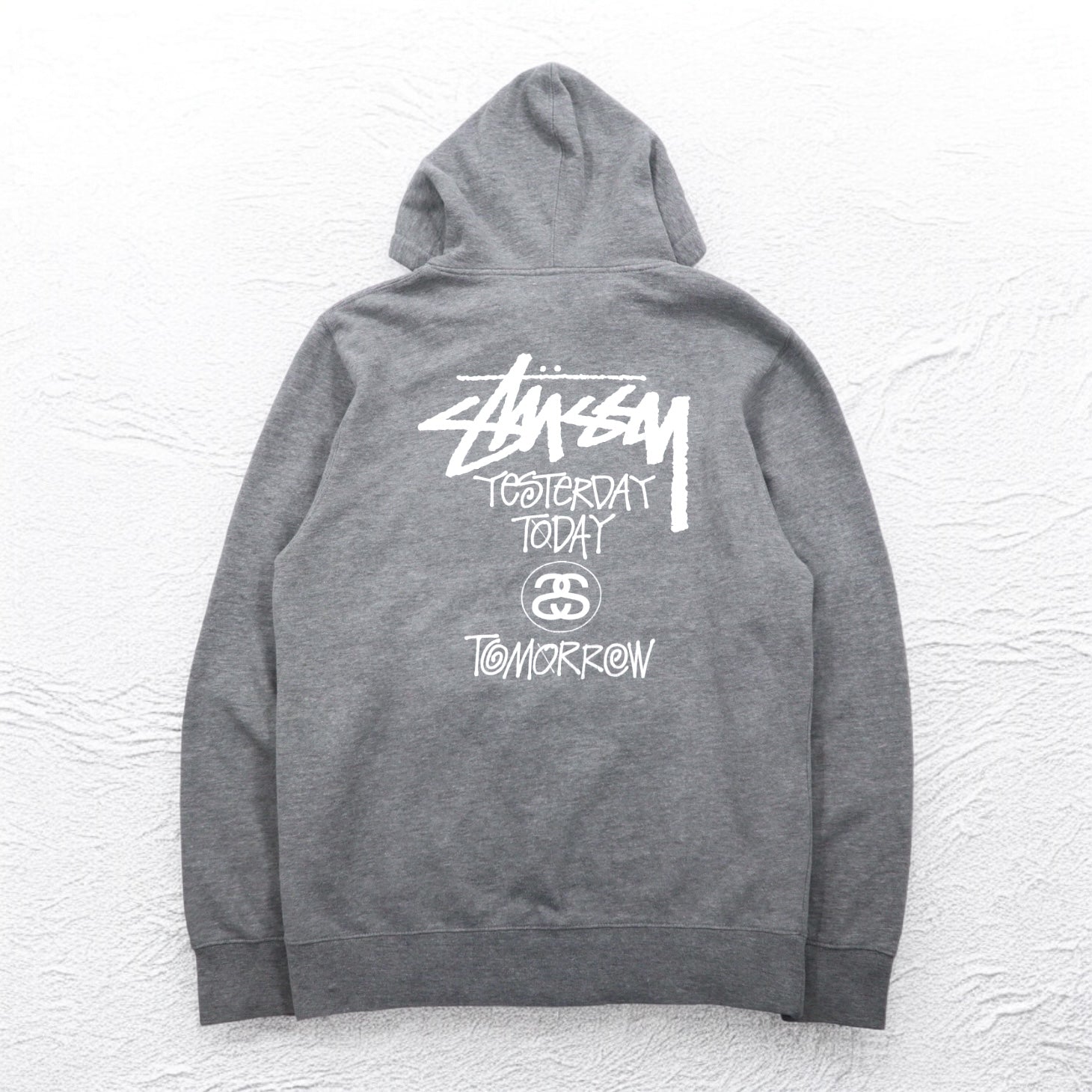 STUSSY 00年代 USA製 フルジップパーカー L グレー YESTERDAY TODAY TOMORROW バックロゴプリント