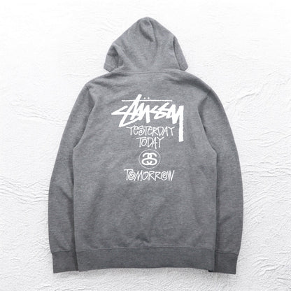 STUSSY 00年代 USA製 フルジップパーカー L グレー YESTERDAY TODAY TOMORROW バックロゴプリント
