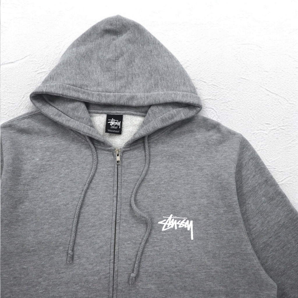 STUSSY 00年代 USA製 フルジップパーカー L グレー YESTERDAY TODAY TOMORROW バックロゴプリント