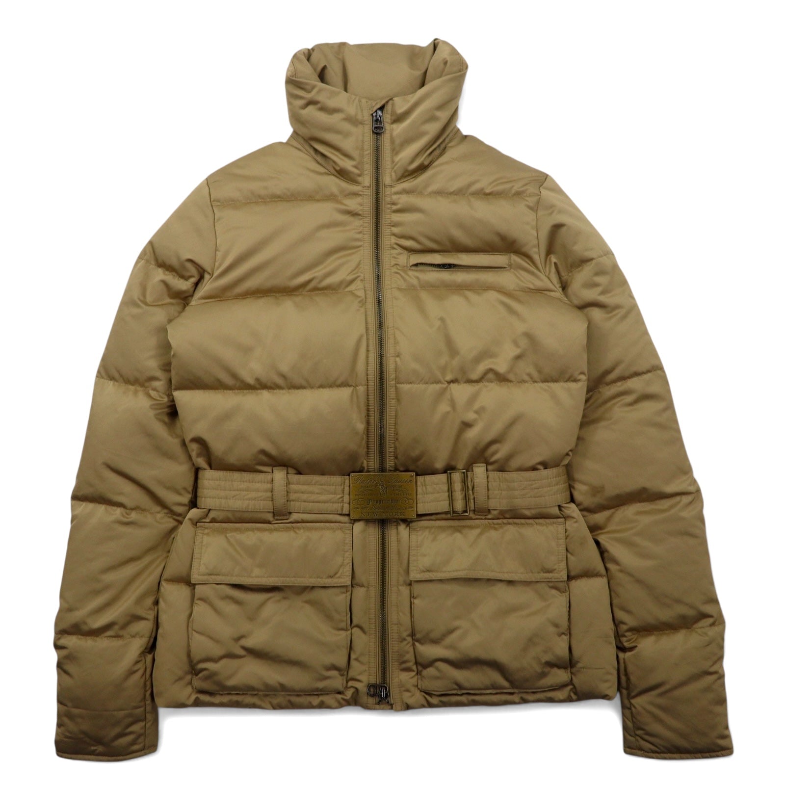 日本然リトテ-古着オンライン-RALPH LAUREN ダウンジャケット S ベージュ ポリエステル ロゴ ベルト バックル ダブルジップ-RALPH LAUREN Puffer Jacket S Beige Polyester Logo Belt Buckle Double Zip