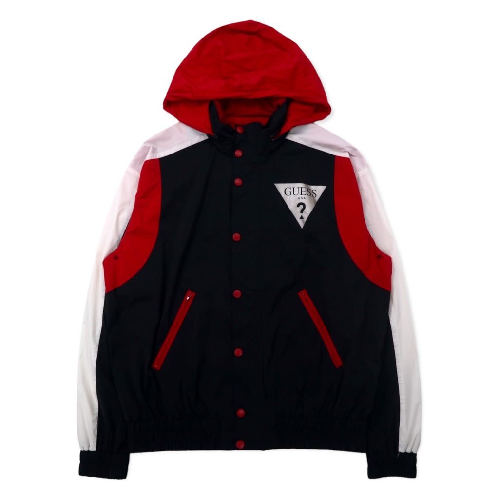 GUESS Triangle Logo Windbreaker Shell Jacket M Black Polyester Retractable Hood REBEL TRIANGLE LOGO WINDBREAKER M93L58RBKY1