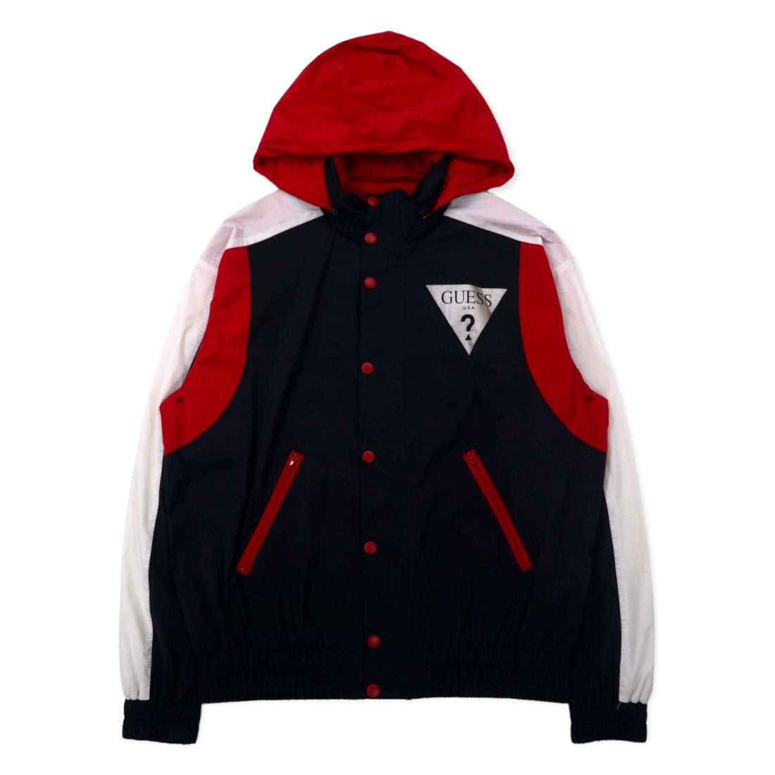 GUESS Triangle Logo Windbreaker Shell Jacket M Black Polyester Retractable Hood REBEL TRIANGLE LOGO WINDBREAKER M93L58RBKY1
