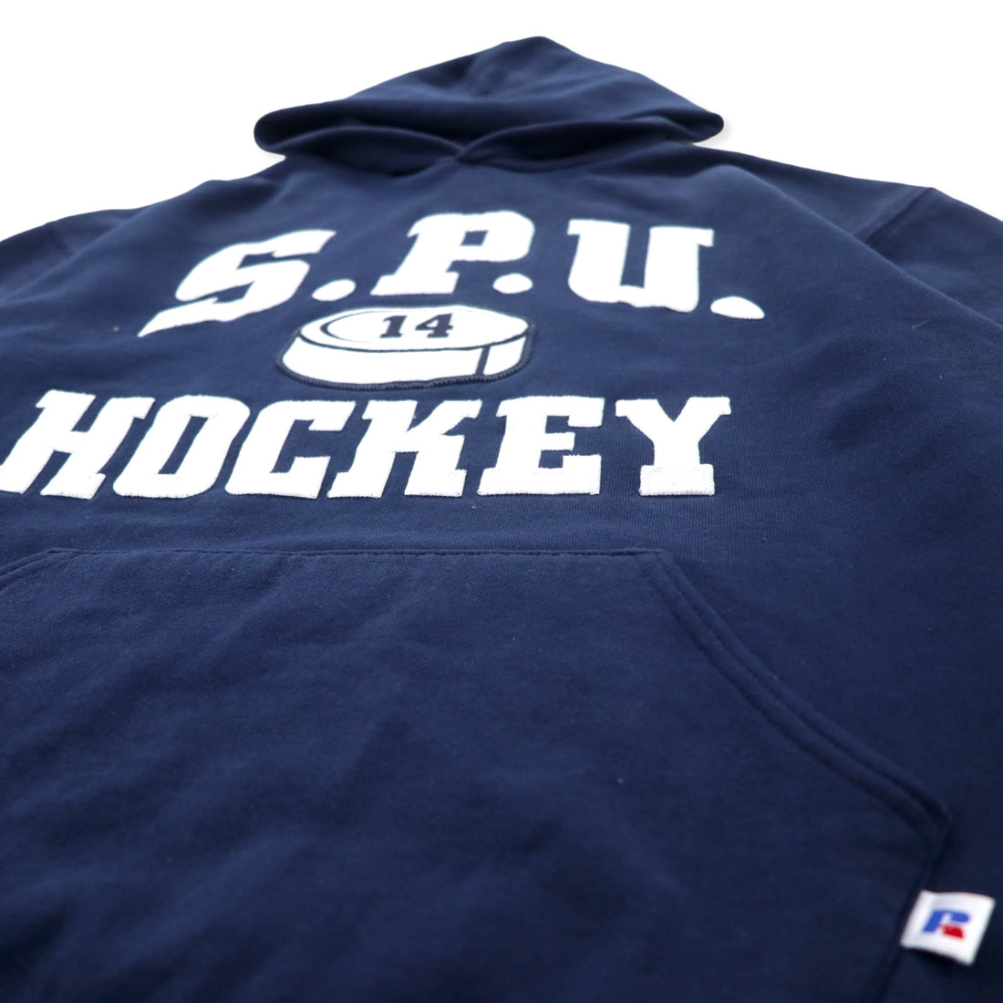 RUSSELL ATHLETIC USA made 90s college pullover hoodie L navy cotton SPU HOCKEY