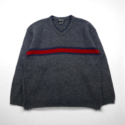 Eddie Bauer 90年代 USA製 Vネック ニット セーター L グレー ウール ラインデザイン